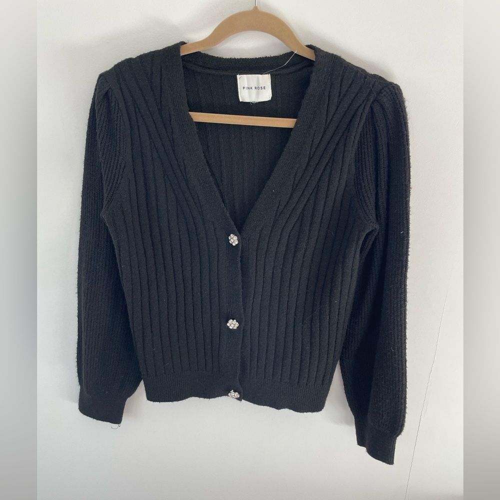 Pink rose black ribbed cardigan with studded buttons size M new without tags